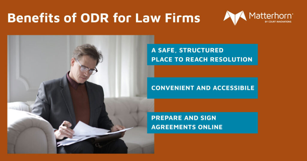 A photo of a lawyer with the words "Benefits of ODR for Law Firms"