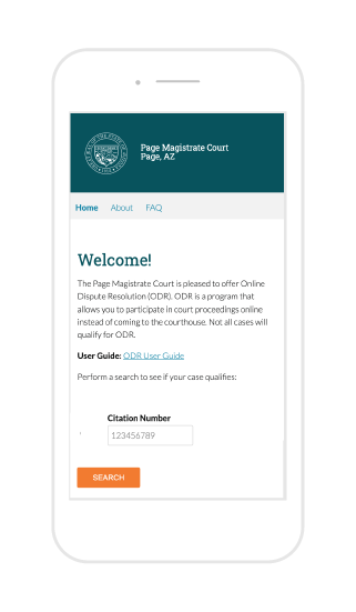 A phone with the welcome screen of the Page Magistrate Court ODR site.